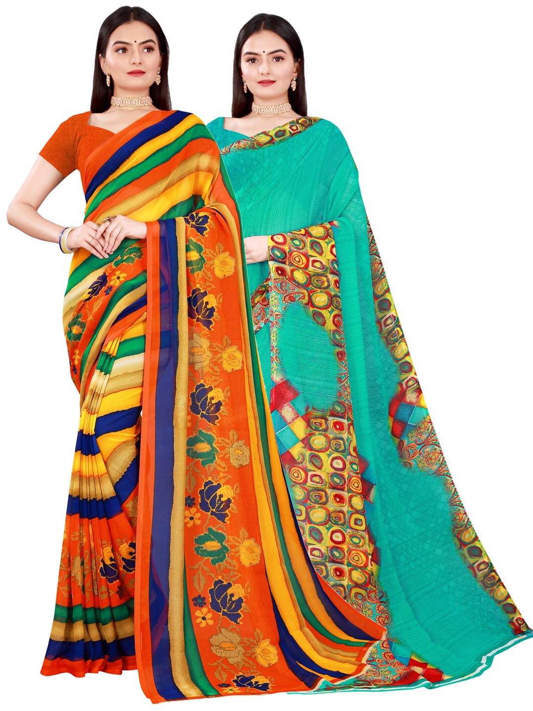 

SAADHVI Pack of 2 Blue & Yellow Pure Georgette Saree