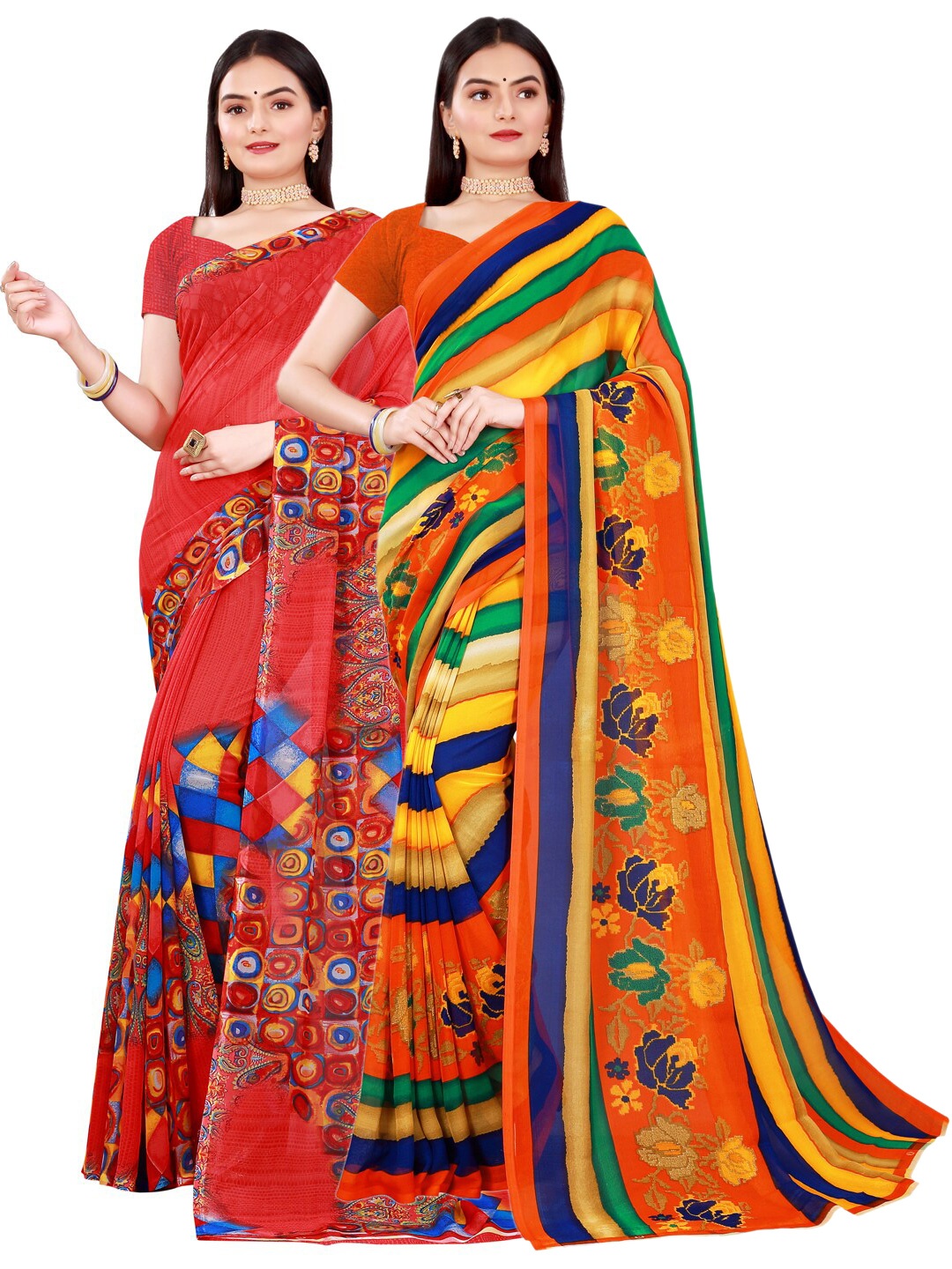 

SAADHVI Pack Of 2 Red & Green Pure Georgette Saree