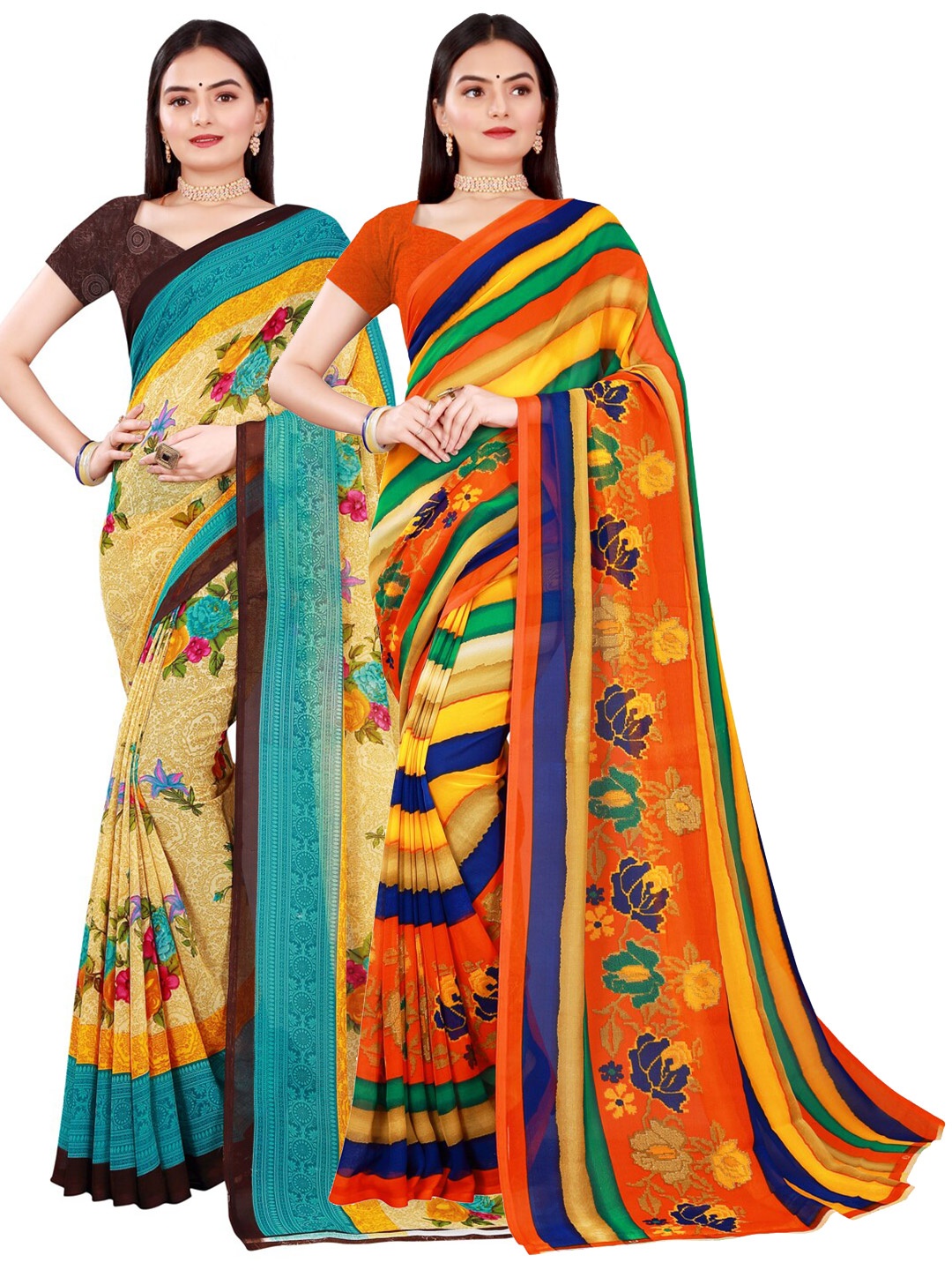 

SAADHVI Pack Of 2 Beige & Blue Pure Georgette Saree