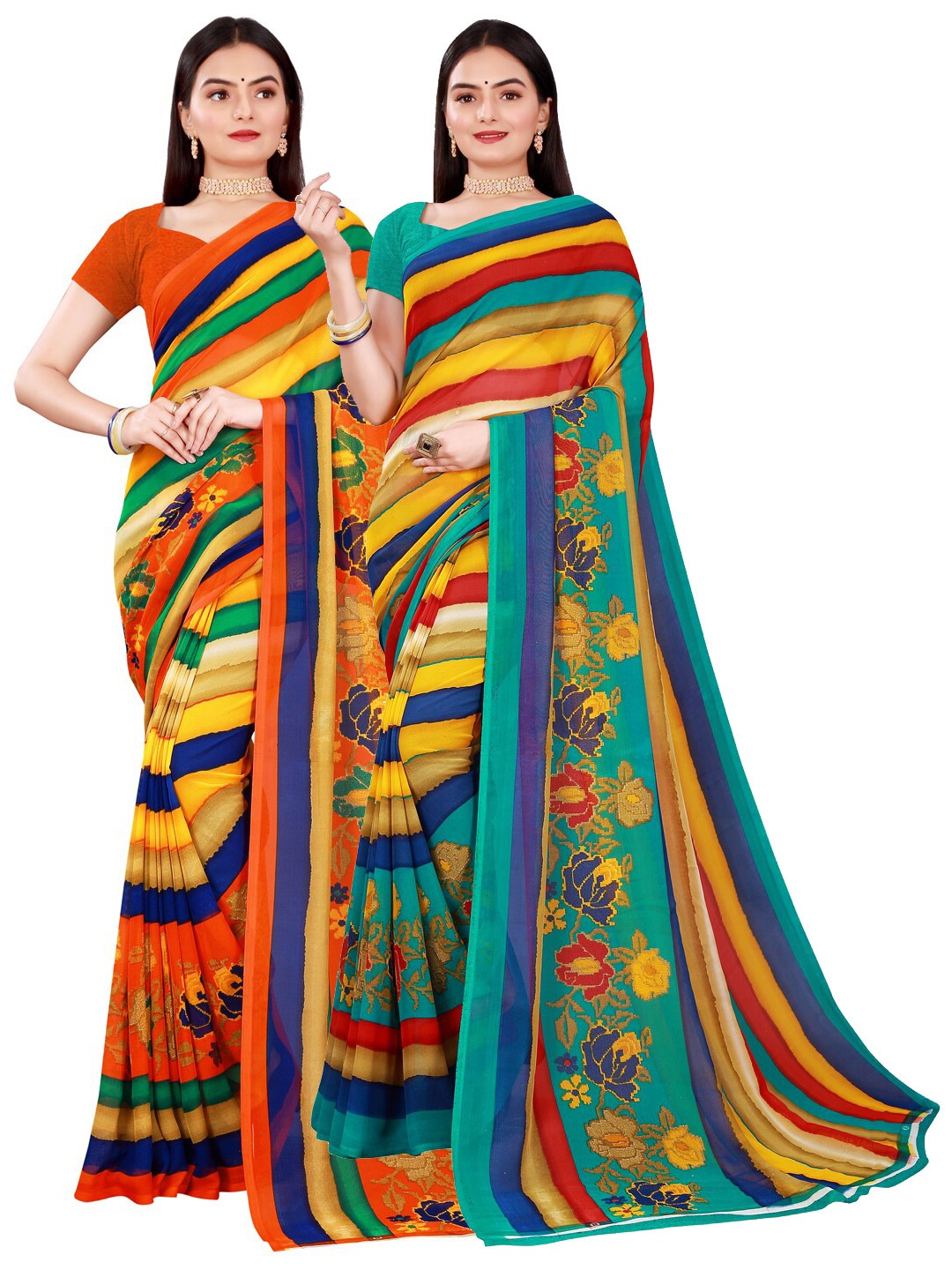 

SAADHVI Pack of 2 Orange & Turquoise Blue Pure Georgette Saree