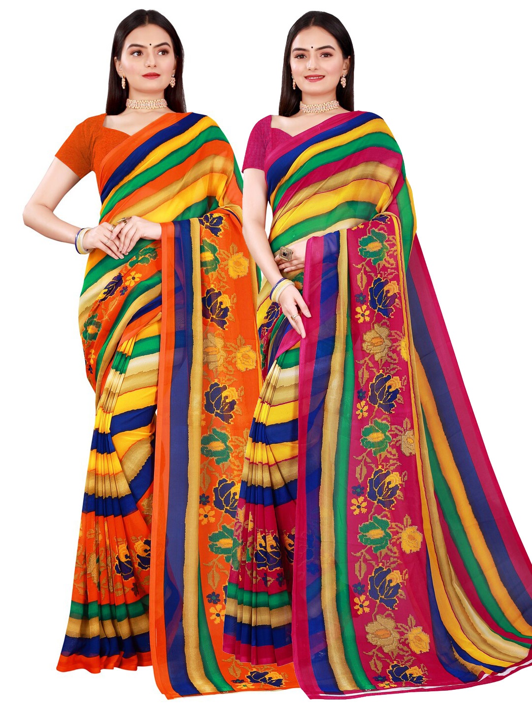 

SAADHVI Set Of 2 Yellow & Blue Floral Pure Georgette Saree