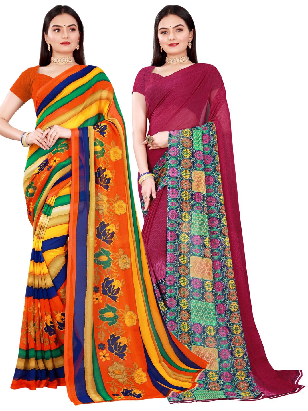 

SAADHVI Pack of 2 Orange & Maroon Pure Georgette Saree