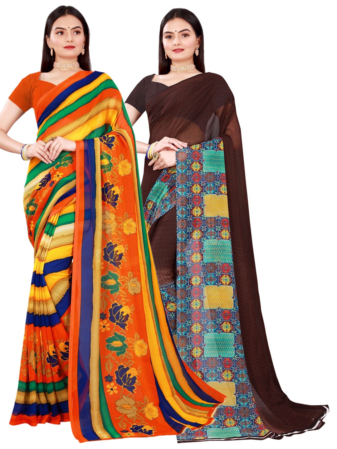 

SAADHVI Pack of 2 Orange & Brown Pure Georgette Saree