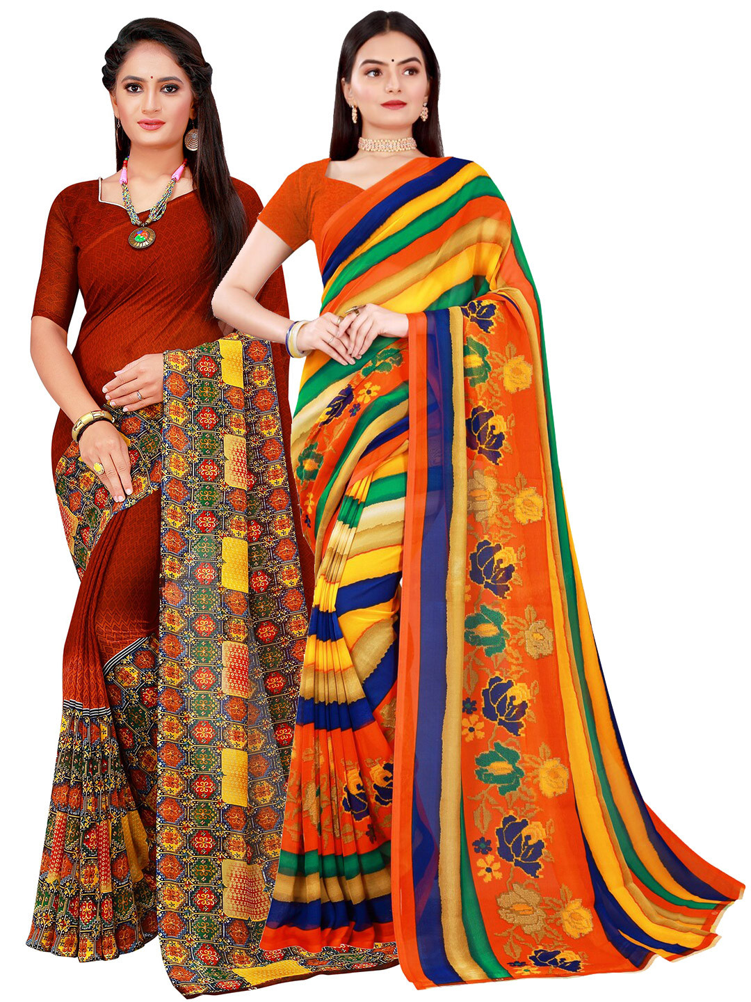 

SAADHVI Pack Of 2 Brown & Green Pure Georgette Saree