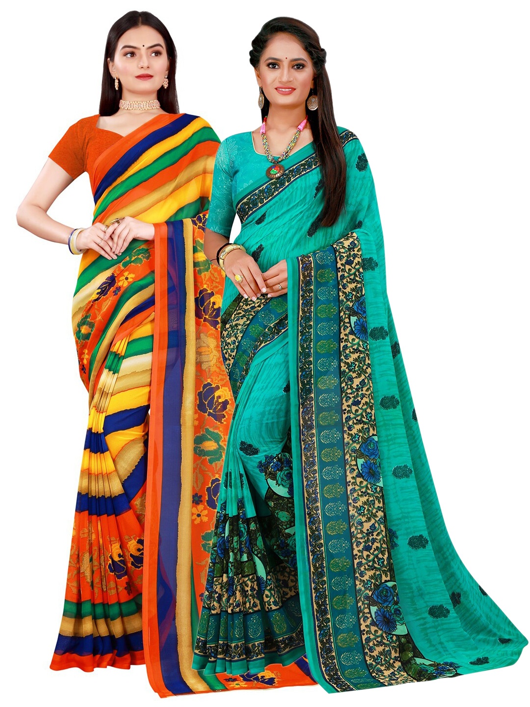 

SAADHVI Yellow & Turquoise Blue Pure Georgette Saree