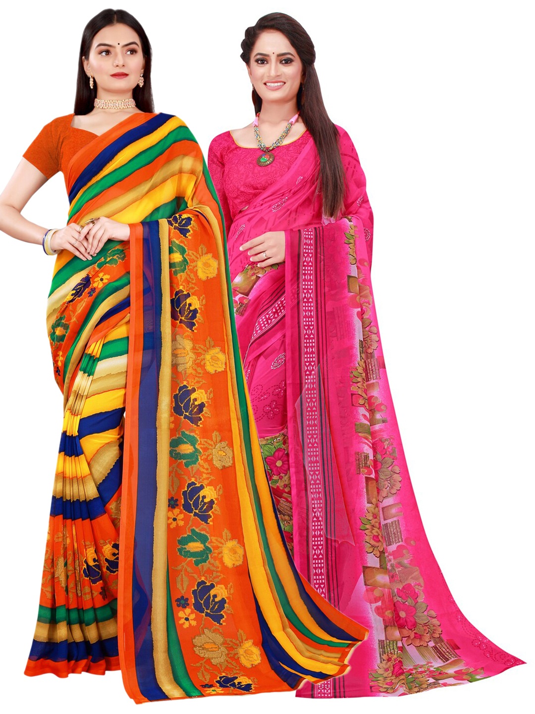 

SAADHVI Pack Of 2 Pink & Yellow Pure Georgette Saree