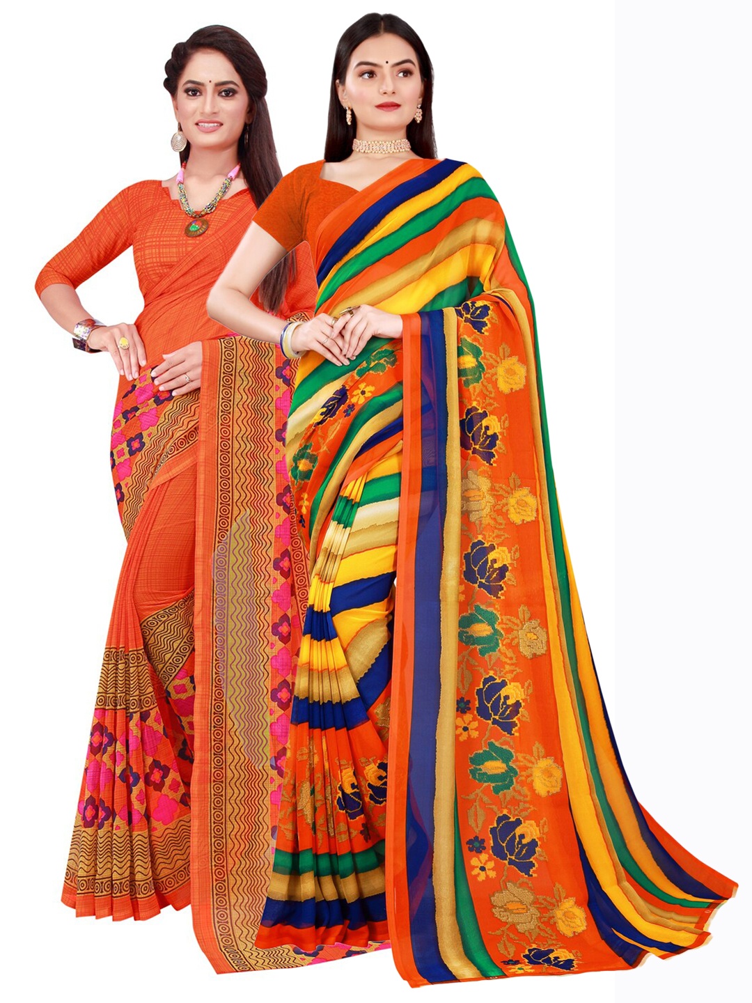 

SAADHVI Pack Of 2 Orange & Yellow Pure Georgette Saree