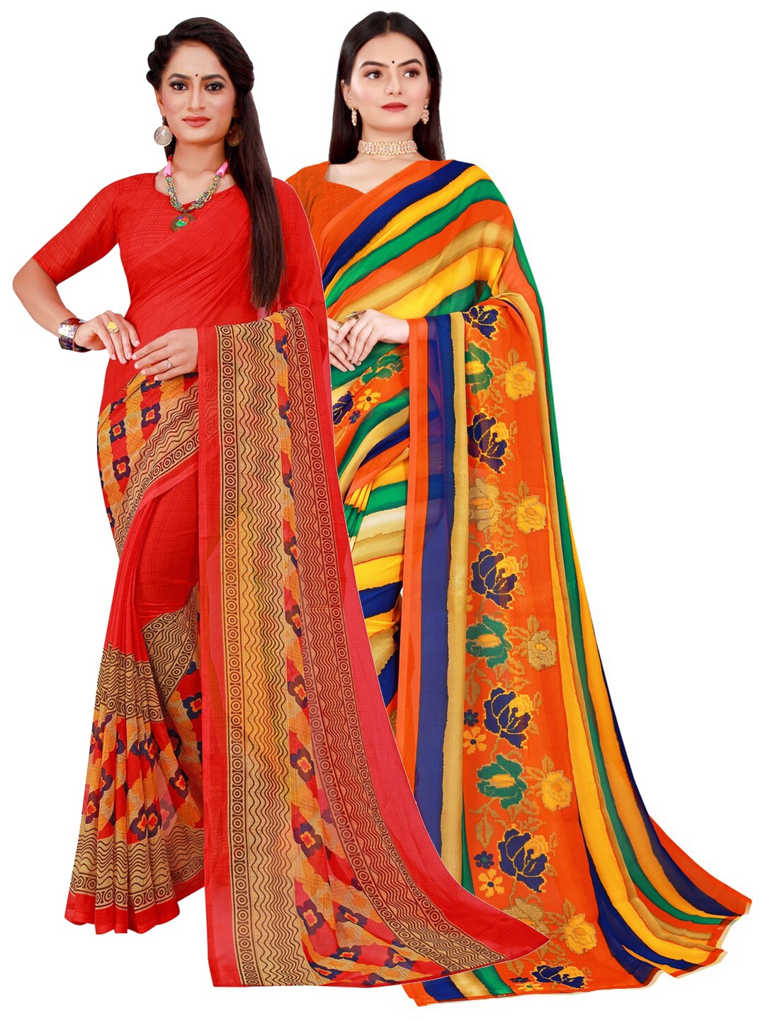 

SAADHVI Pack Of 2 Red & Yellow Pure Georgette Saree