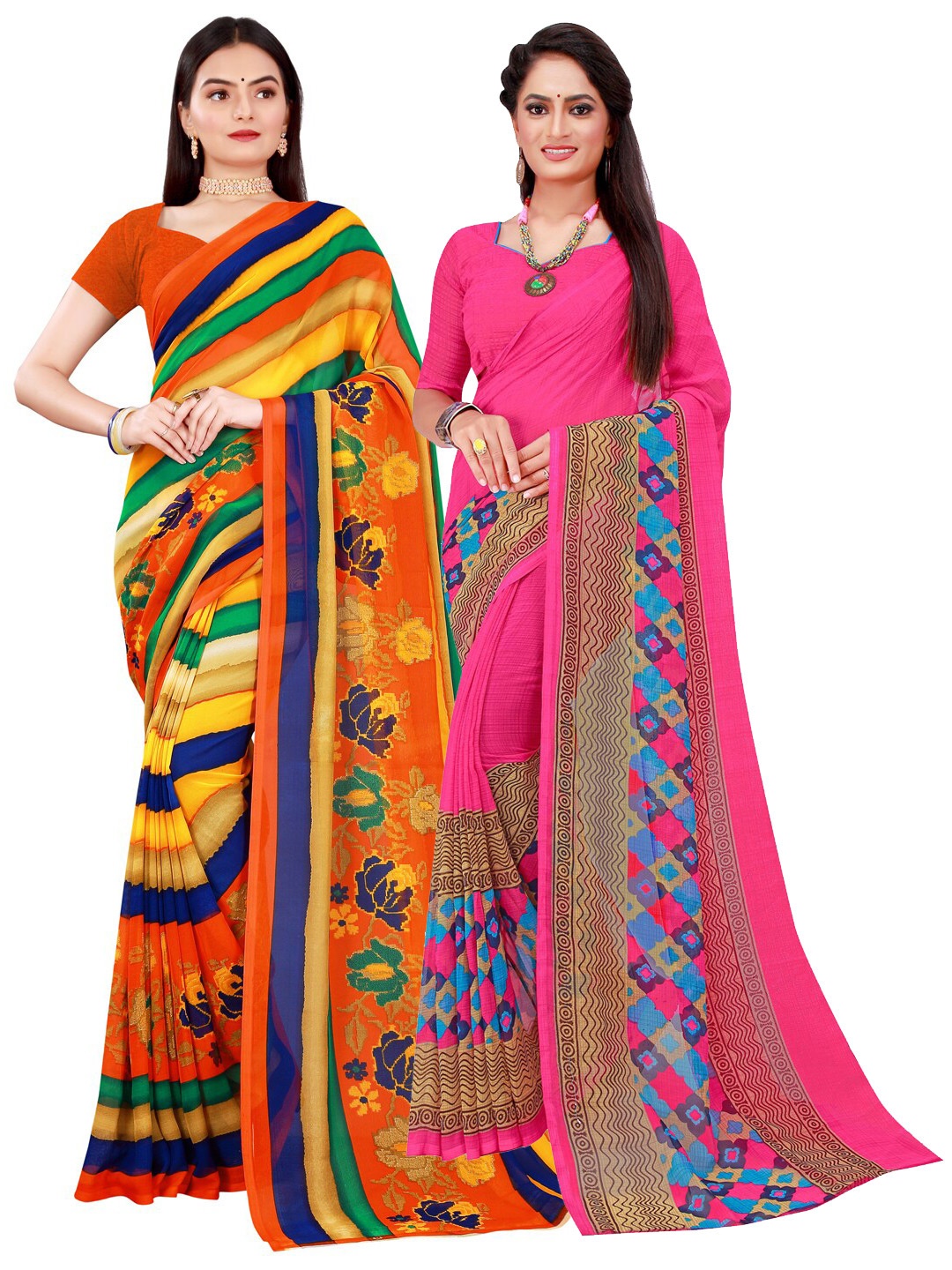 

SAADHVI Set Of 2 Magenta & Green Floral Pure Georgette Saree