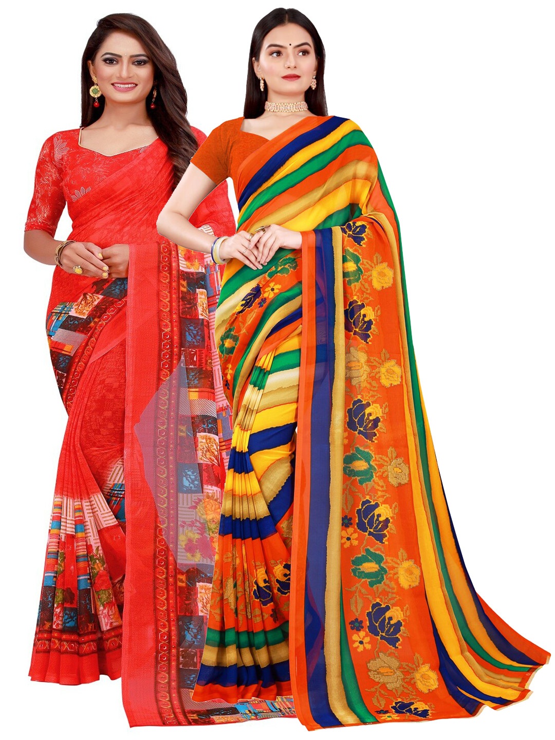 

SAADHVI Pack Of 2 Red & Yellow Pure Georgette Saree