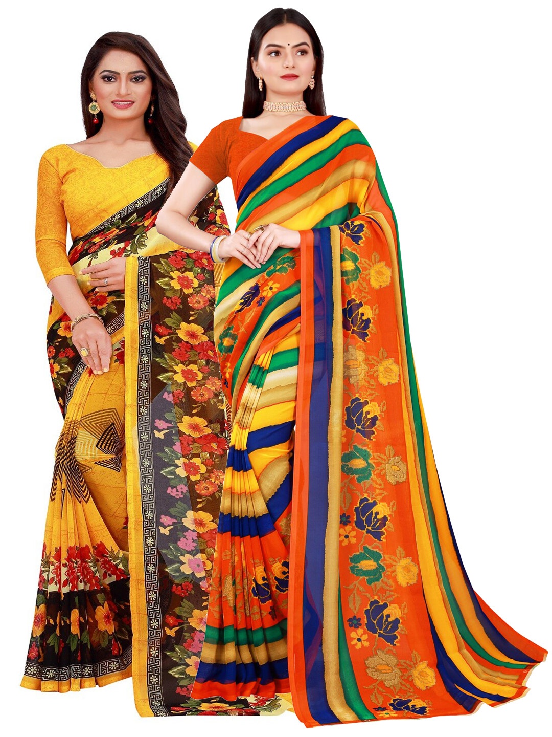 

SAADHVI Pack Of 2 Yellow & Blue Pure Georgette Saree