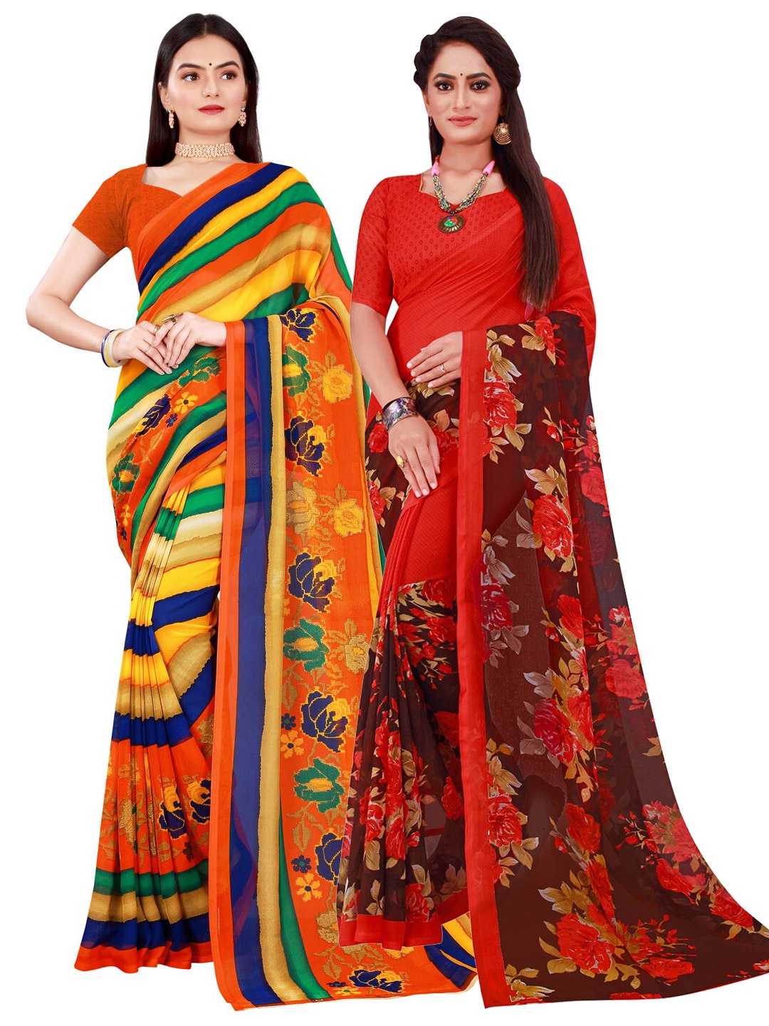 

SAADHVI Pack Of 2 Red & Yellow Floral Pure Georgette Saree