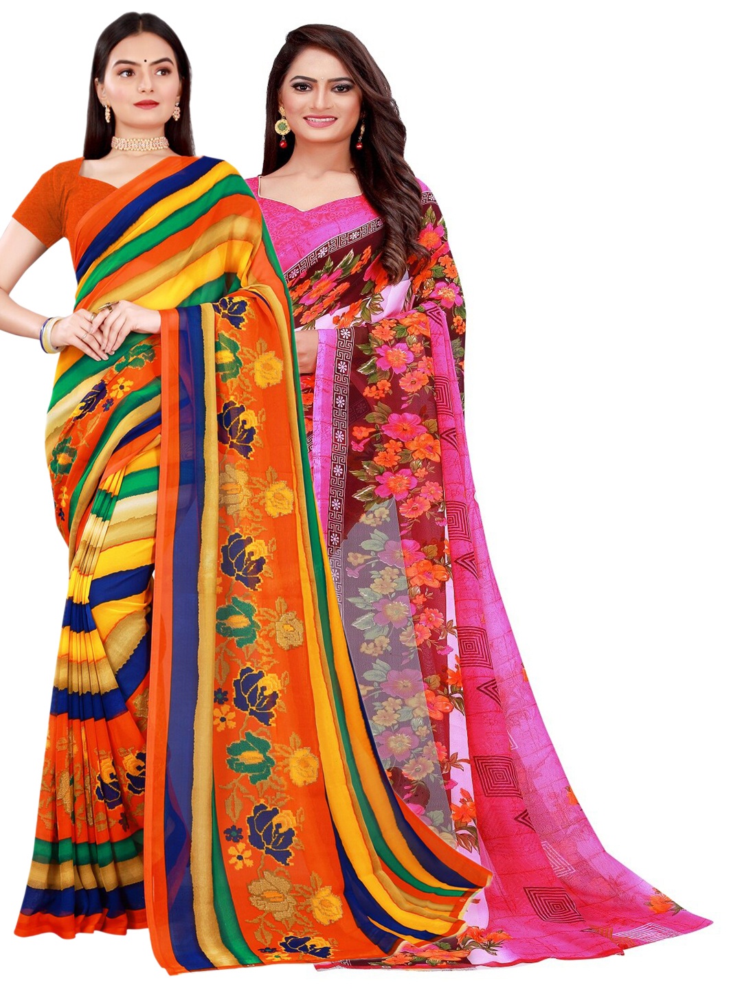

SAADHVI Pack Of 2 Women Pink & Orange Printed Pure Georgette Saree