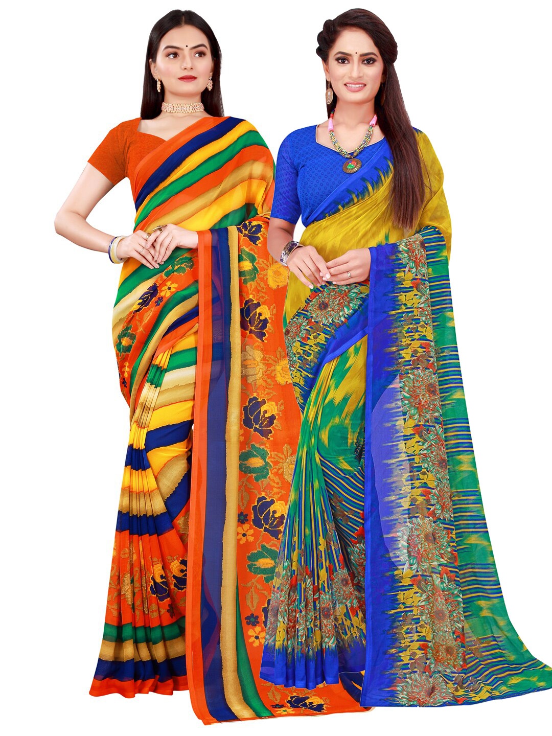 

SAADHVI Set Of 2 Green & Yellow Floral Pure Georgette Saree