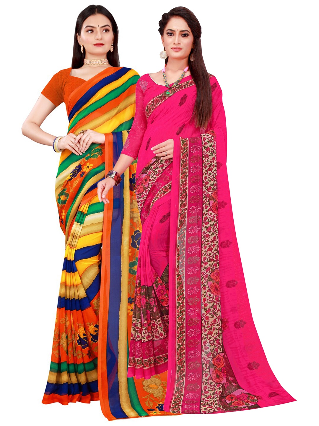 

SAADHVI Pack Of 2 Women Pink & Yellow Printed Pure Georgette Saree