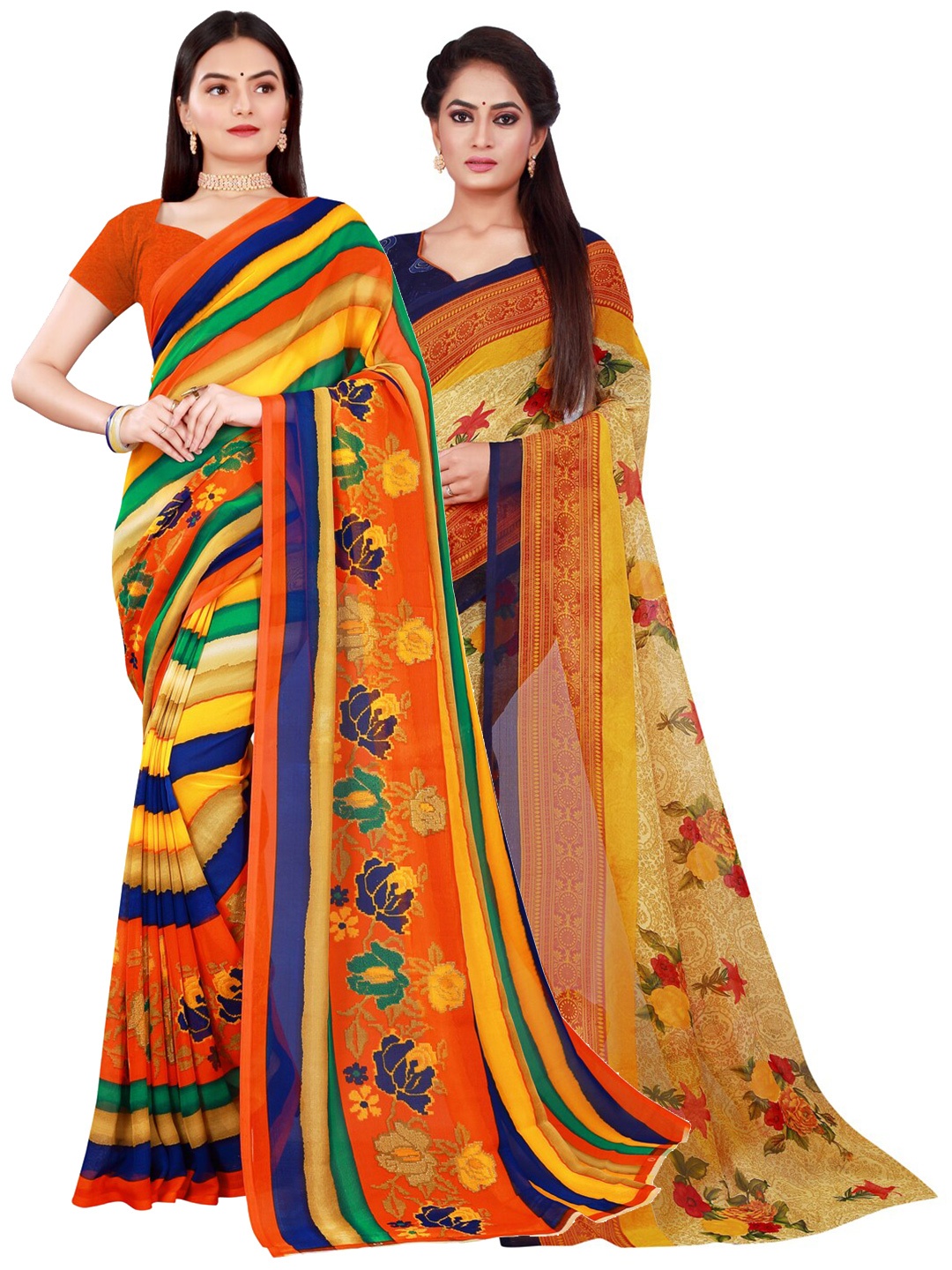 

SAADHVI Pack Of 2 Women Beige & Yellow Printed Pure Georgette Saree