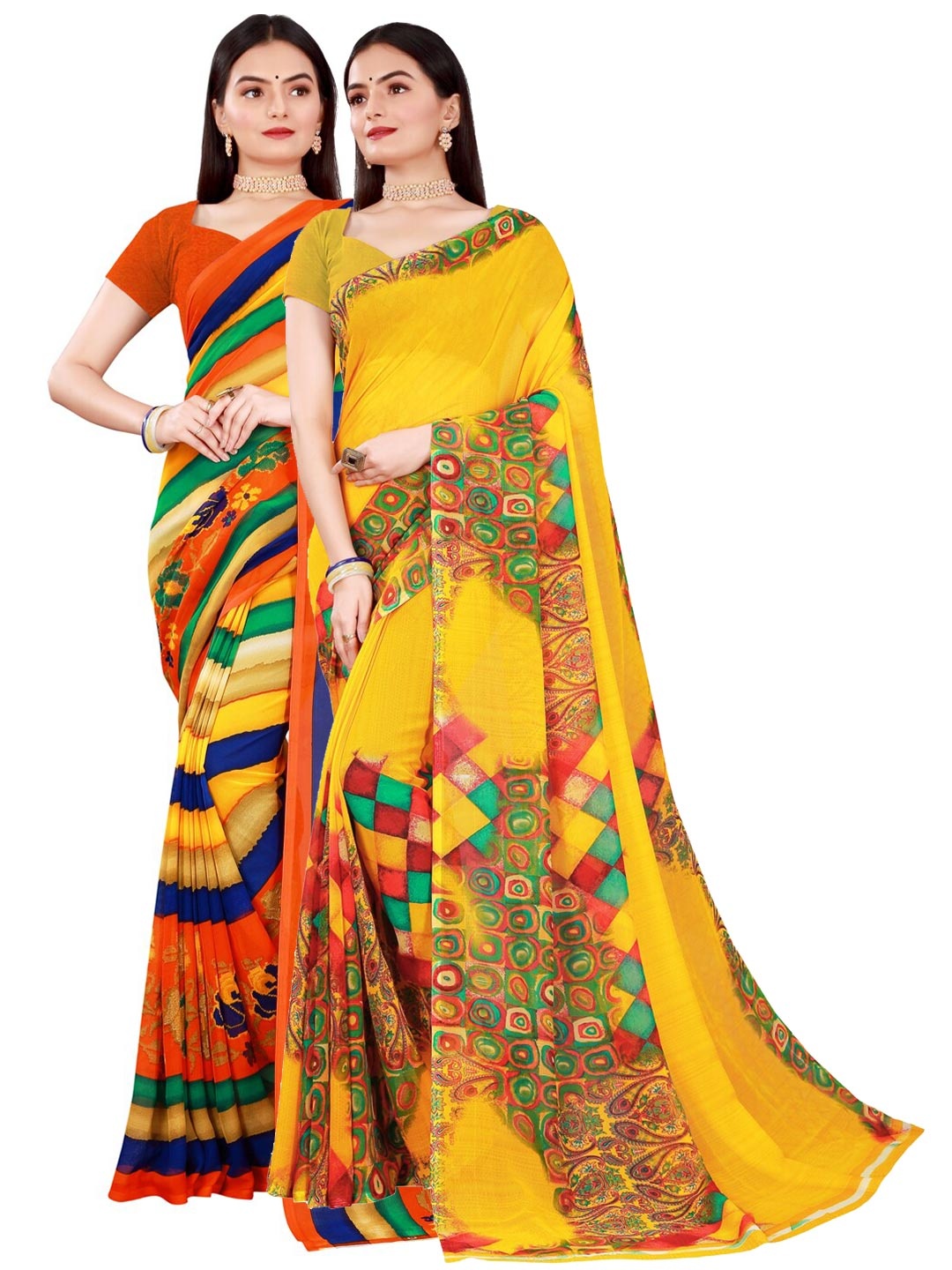 

SAADHVI Pack Of 2 Women Yellow & Orange Printed Pure Georgette Saree