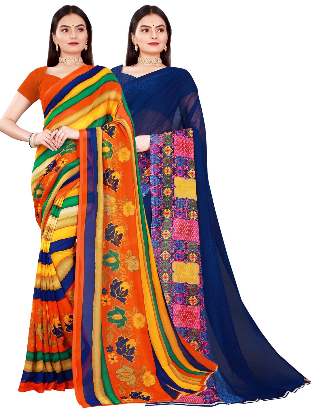 

SAADHVI Set Of 2 Navy Blue & Orange Floral Pure Georgette Saree