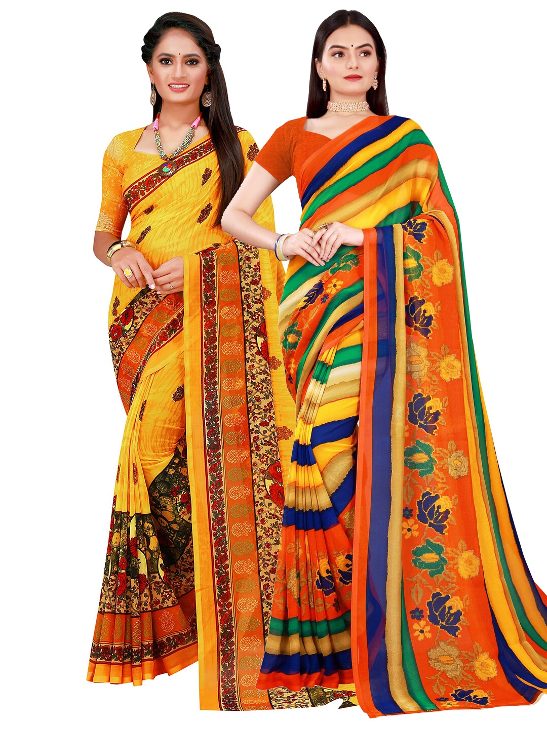 

SAADHVI Pack Of 2 Women Yellow & Orange Printed Pure Georgette Saree