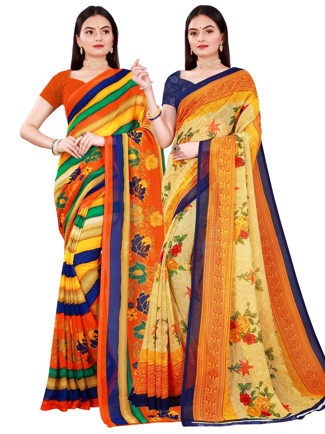 

SAADHVI Set Of 2 Beige & Orange Floral Pure Georgette Saree