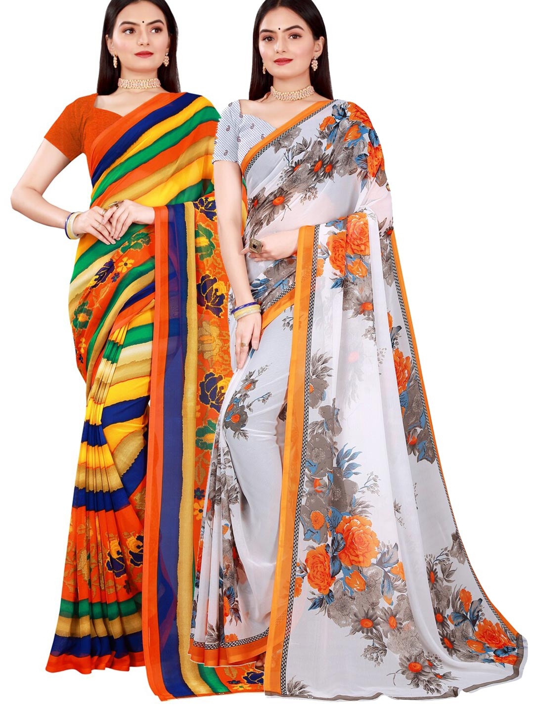 

SAADHVI Pack Of 2 Women Yellow & White Printed Pure Georgette Saree