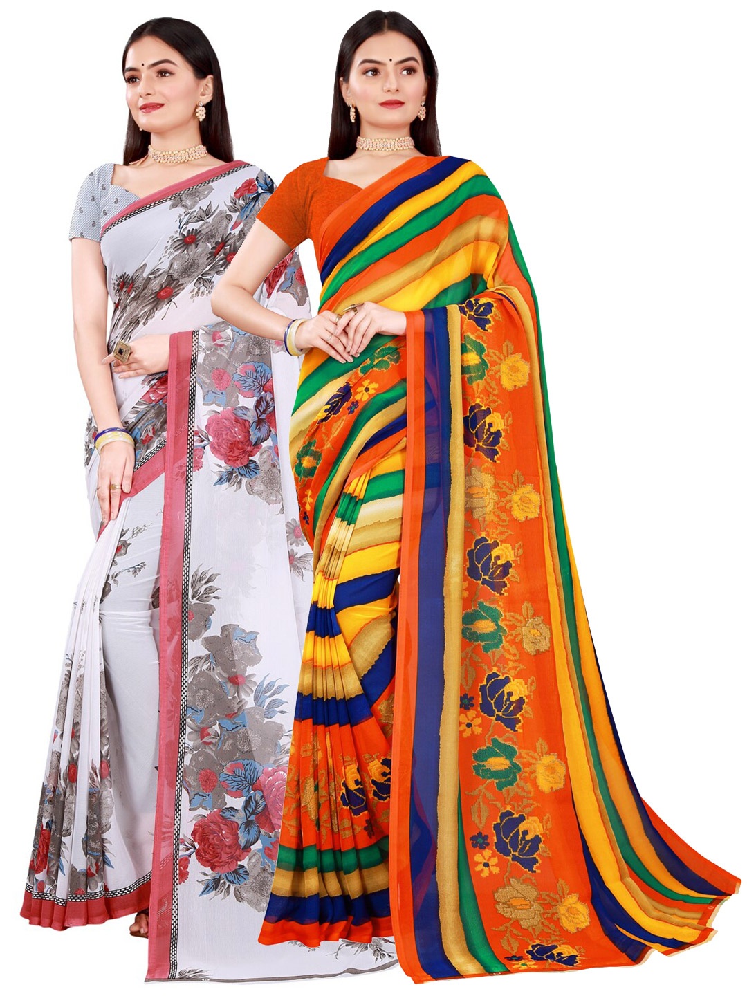 

SAADHVI Pack Of 2 Women White & Orange Printed Pure Georgette Saree