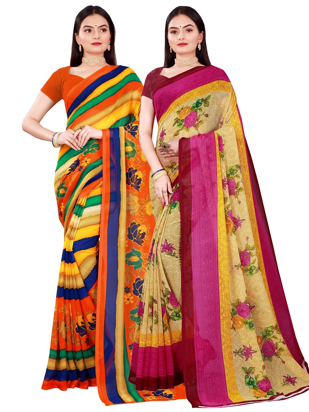 

SAADHVI Pack Of 2 Women Beige & Pink Printed Pure Georgette Saree