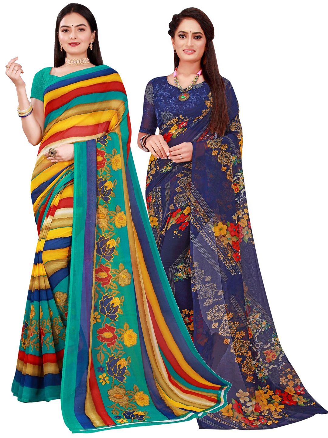 

SAADHVI Pack Of 2 Women Navy Blue & Yellow Printed Pure Georgette Saree
