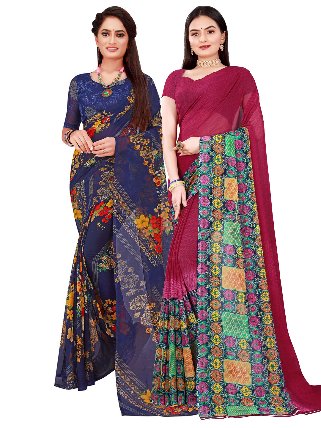 

SAADHVI Set Of 2 Navy Blue & Maroon Floral Pure Georgette Saree
