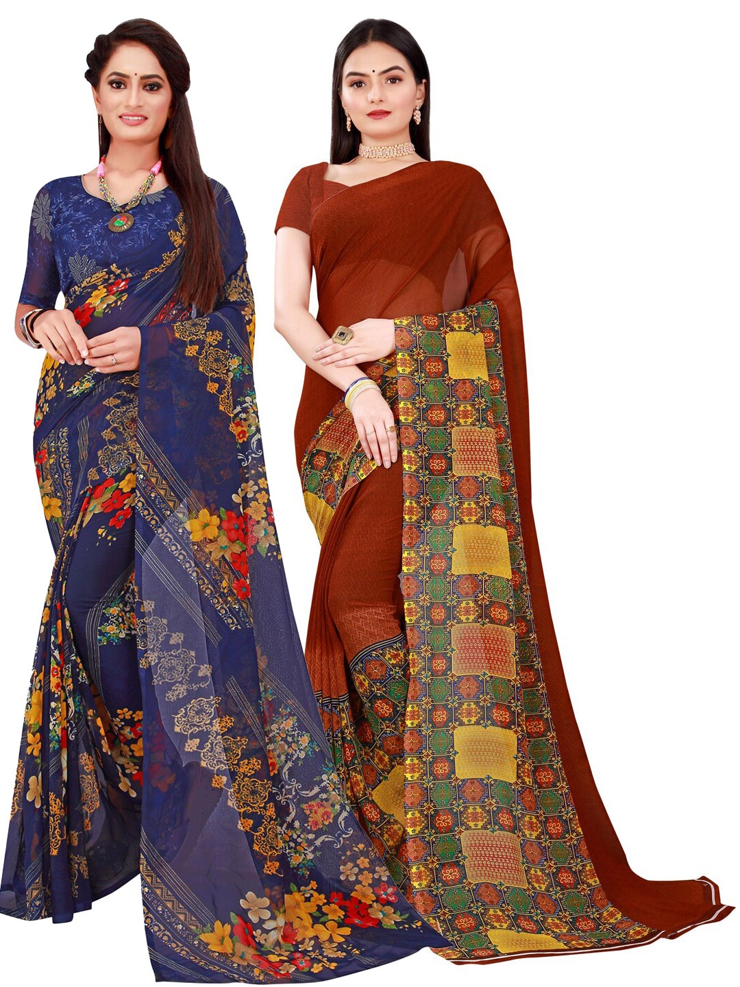 

SAADHVI Set Of 2 Navy Blue & Brown Floral Pure Georgette Saree