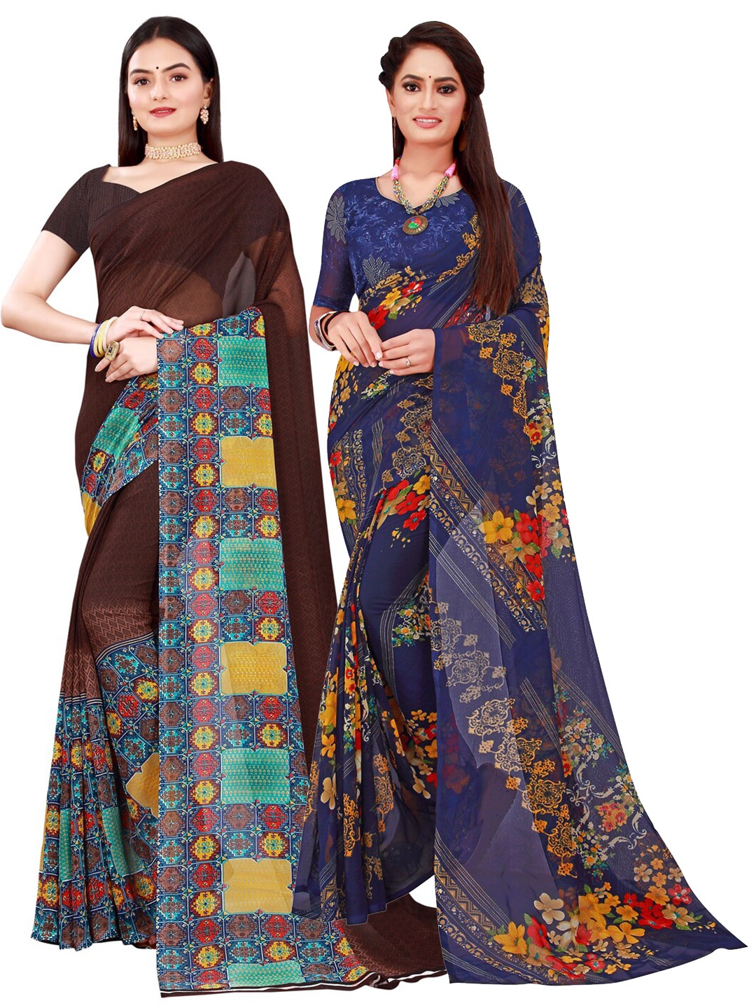 

SAADHVI Pack Of 2 Women Brown & Navy Blue Printed Pure Georgette Saree