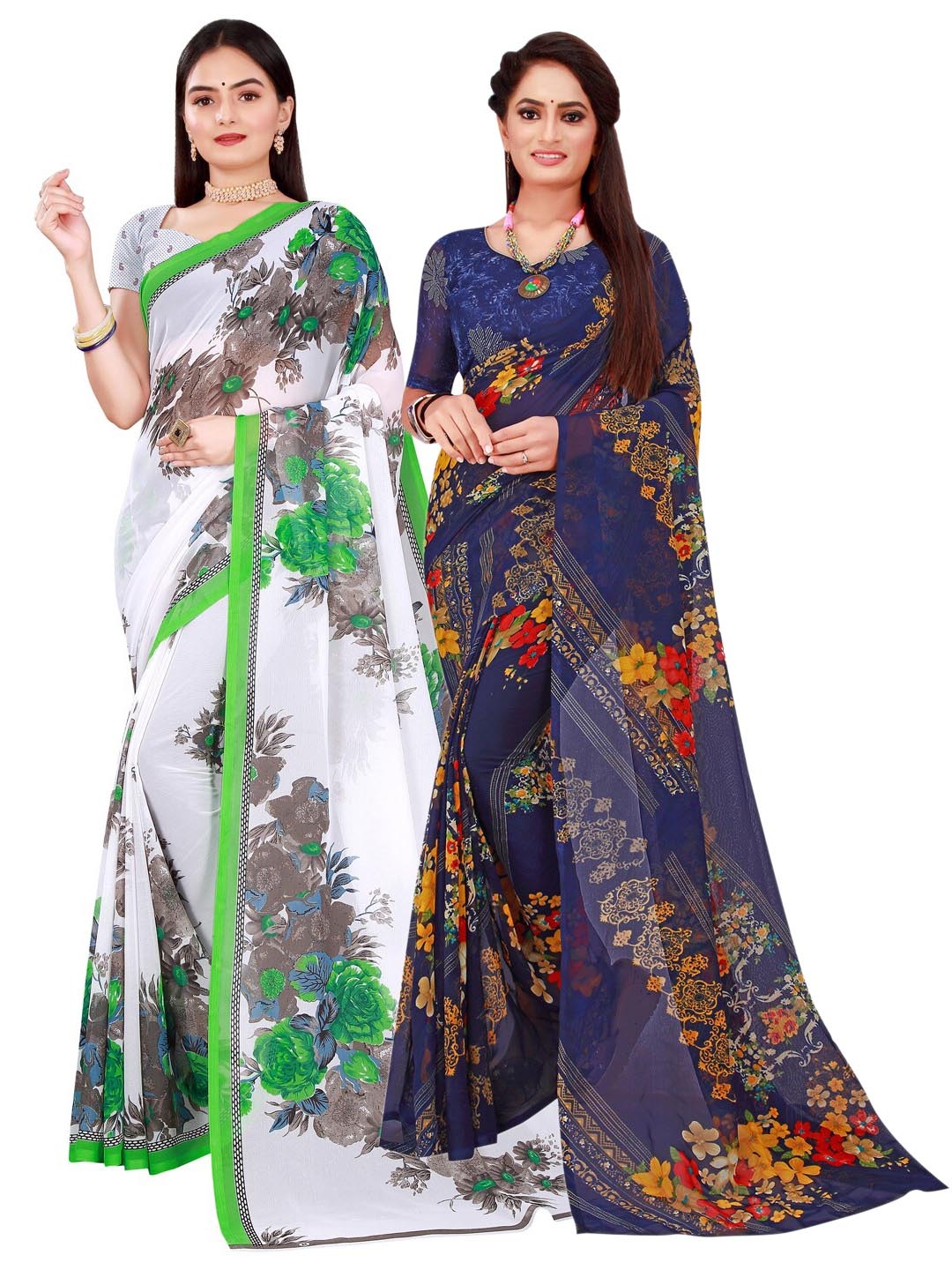 

SAADHVI Pack Of 2 Women Navy Blue & White Printed Pure Georgette Saree
