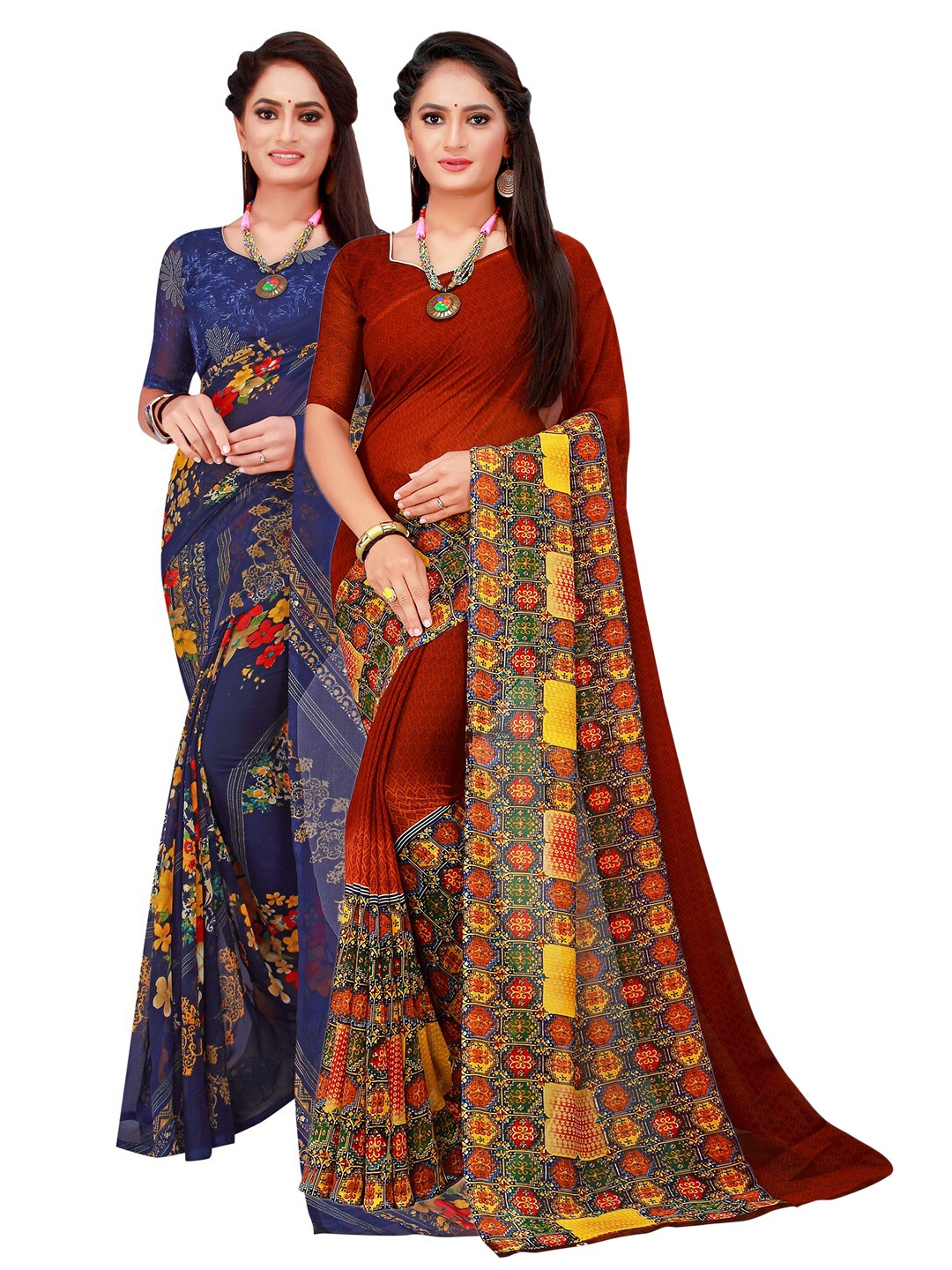 

SAADHVI Pack Of 2 Women Navy Blue & Maroon Printed Pure Georgette Saree