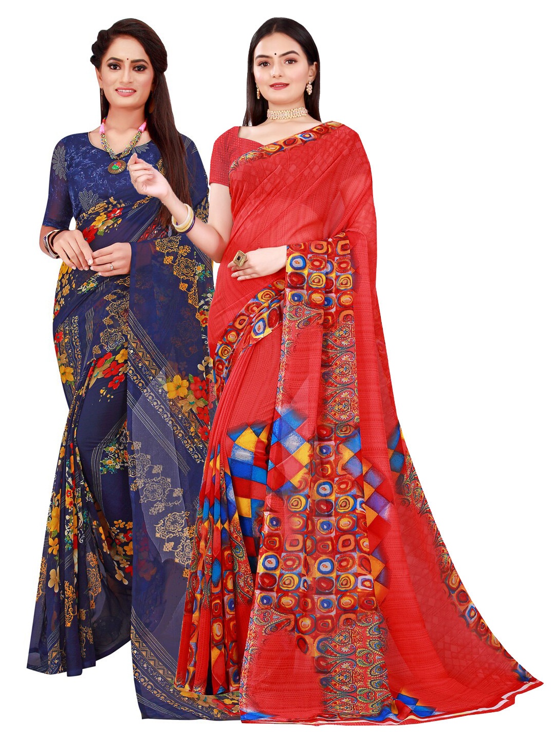 

SAADHVI Set Of 2 Red & Navy Blue Floral Pure Georgette Saree