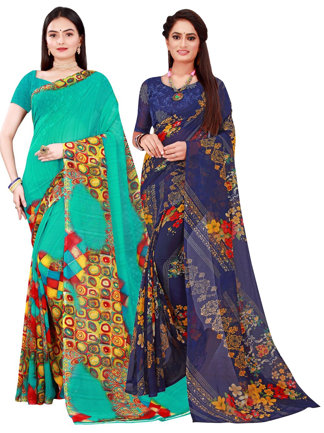 

SAADHVI Pack Of 2 Women Navy Blue & Green Printed Pure Georgette Saree