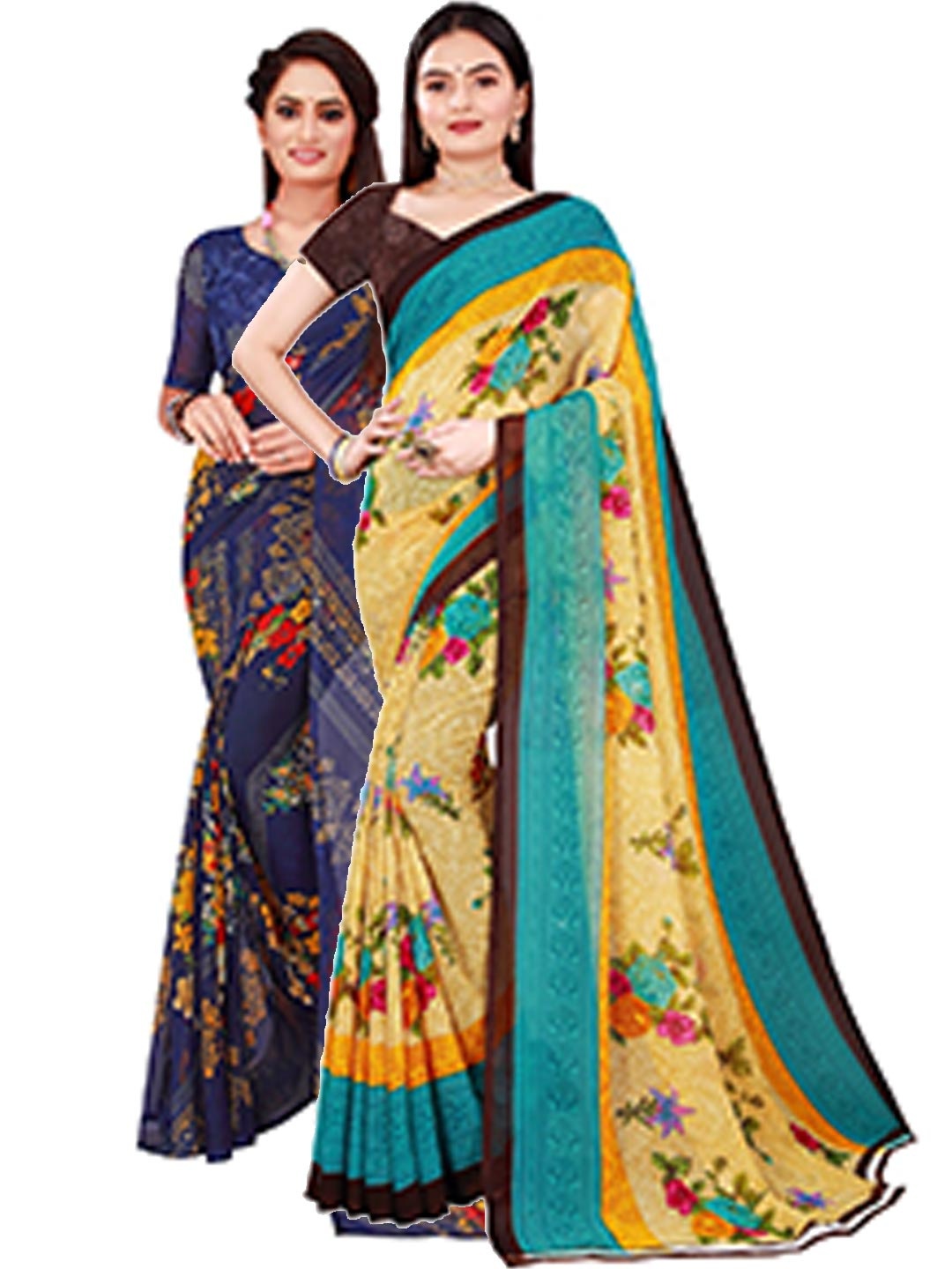 

SAADHVI Pack Of 2 Navy Blue & Beige Printed Pure Georgette Saree