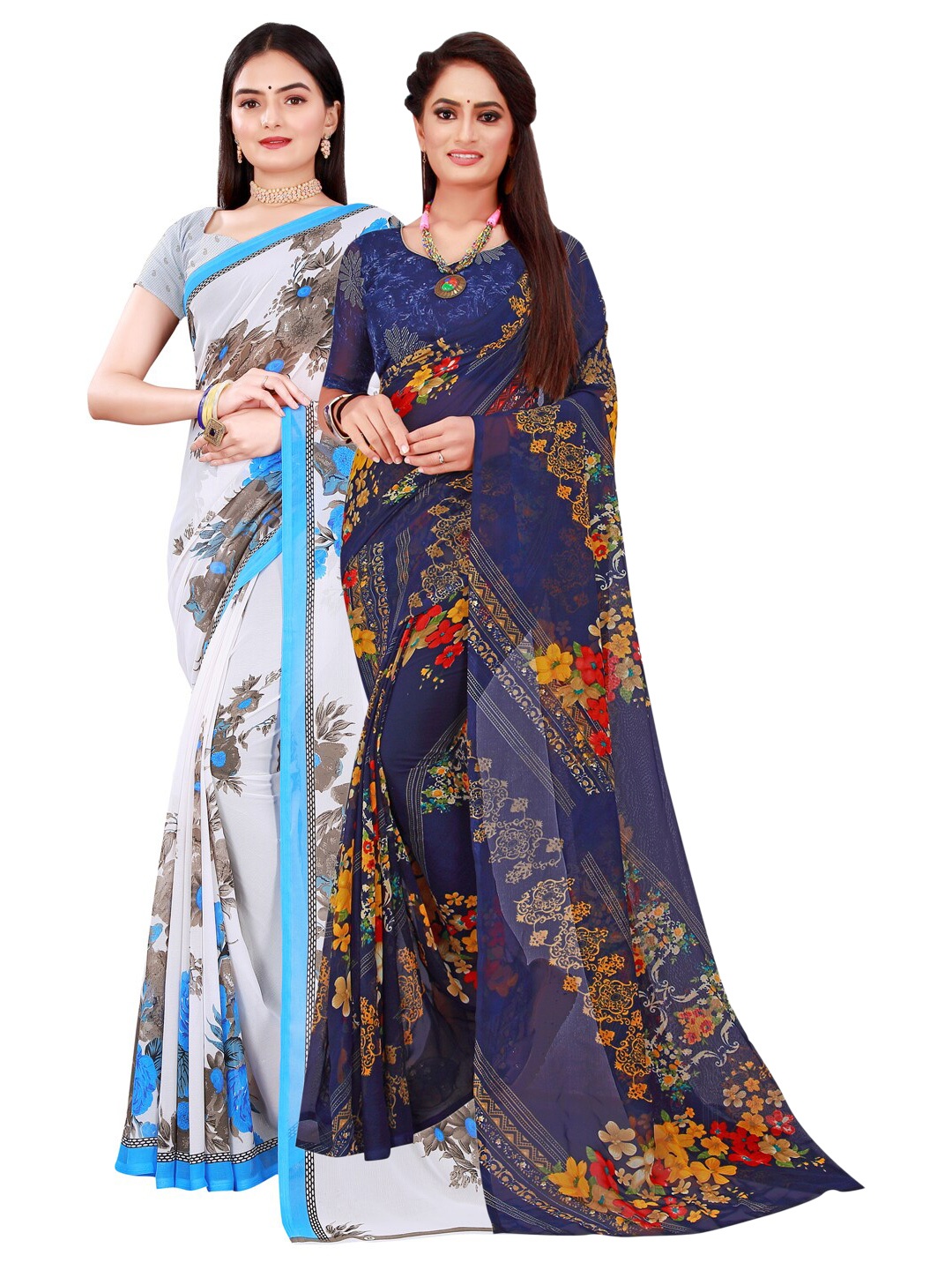 

SAADHVI Pack Of 2 Women Navy Blue & White Printed Pure Georgette Saree