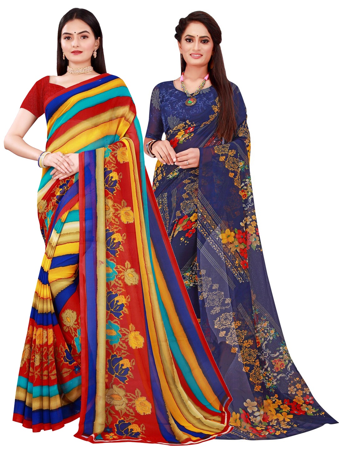 

SAADHVI Set Of 2 Navy Blue & Yellow Floral Pure Georgette Saree