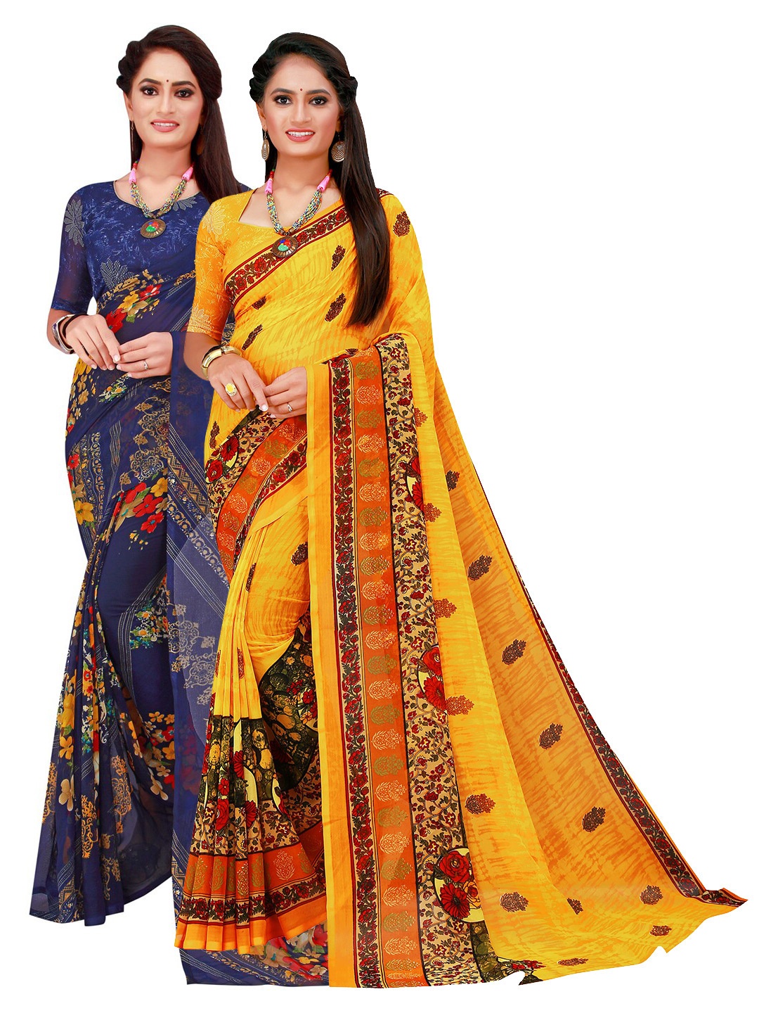 

SAADHVI Set Of 2 Navy Blue & Yellow Floral Pure Georgette Saree