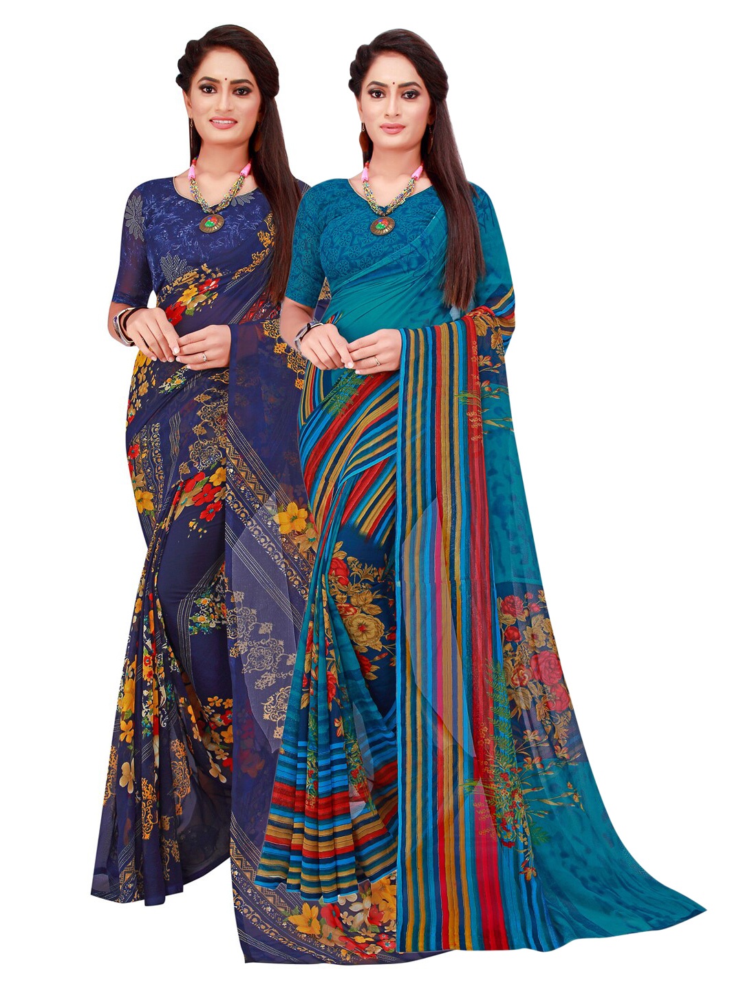 

SAADHVI Set Of 2 Navy Blue & Red Floral Pure Georgette Saree