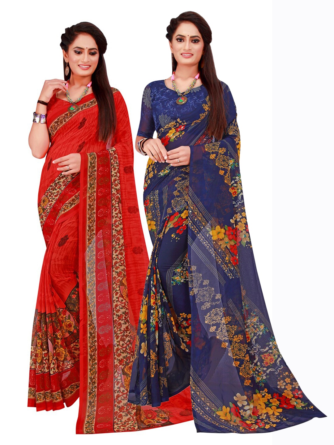

SAADHVI Pack Of 2 Women Navy Blue & Red Printed Pure Georgette Saree