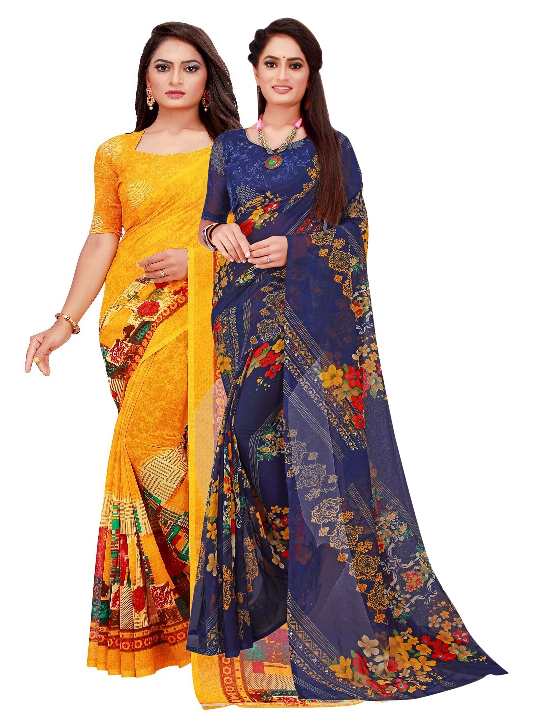 

SAADHVI Pack Of 2 Women Navy Blue & Yellow Printed Pure Georgette Saree