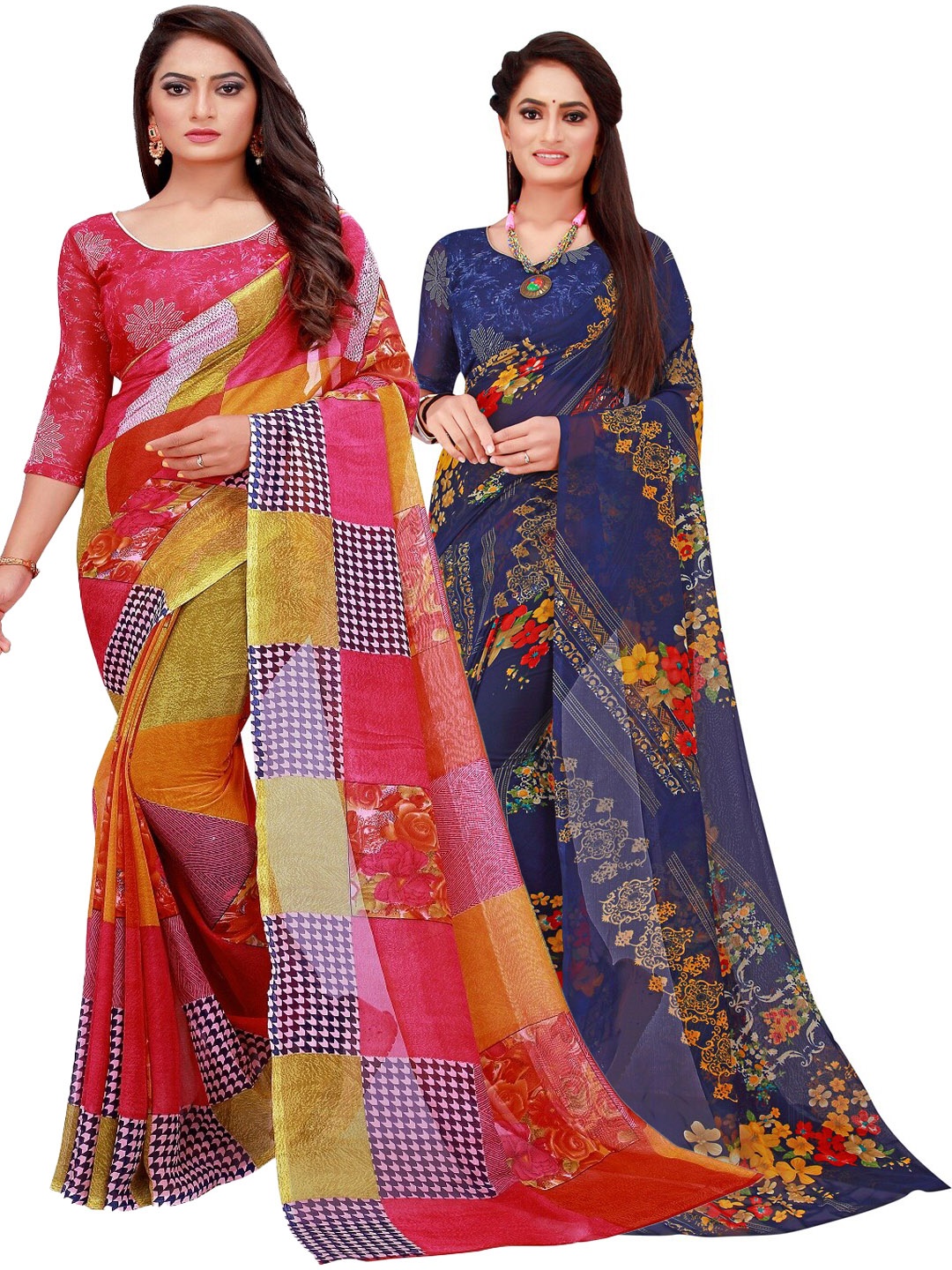 

SAADHVI Set Of 2 Red & Navy Blue Floral Pure Georgette Saree