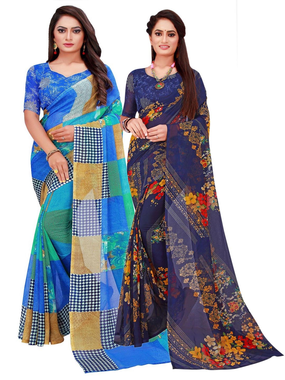 

SAADHVI Set Of 2 Blue & Red Floral Pure Georgette Saree