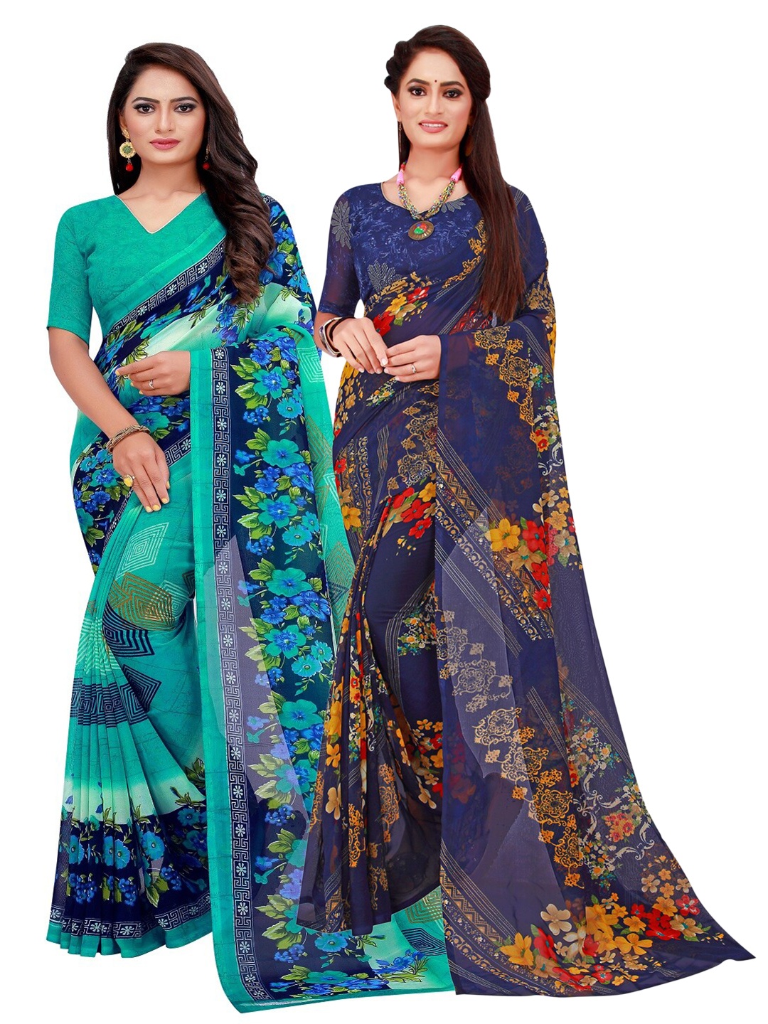 

SAADHVI Set Of 2 Turquoise Blue & Yellow Floral Pure Georgette Saree