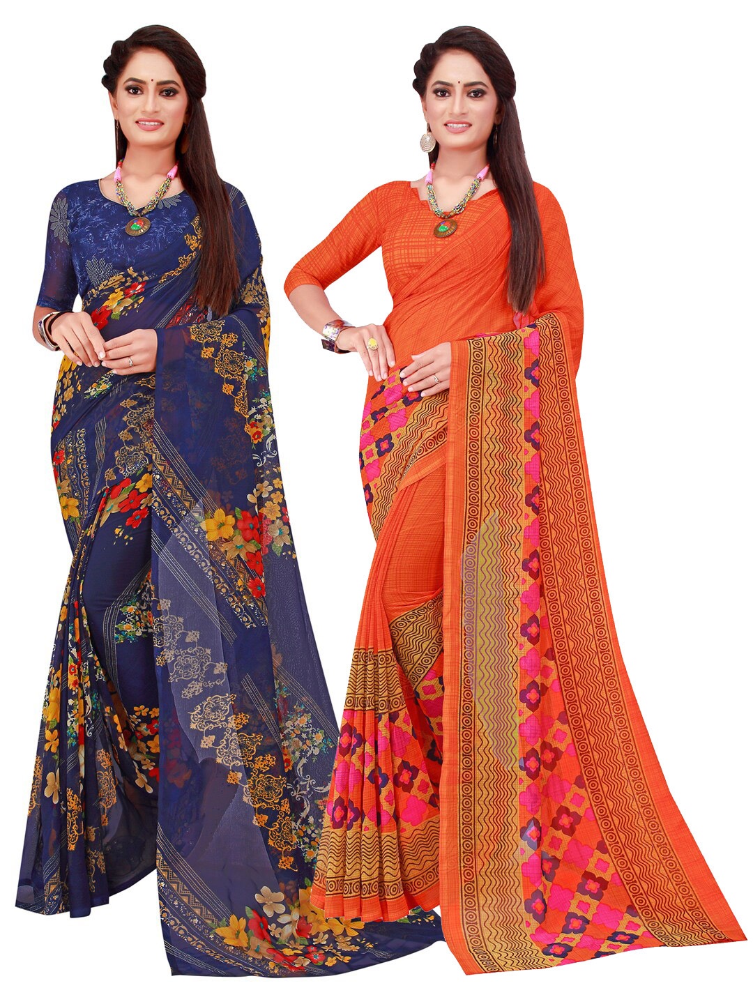 

SAADHVI Pack of 2 Navy Blue & Orange Pure Georgette Saree