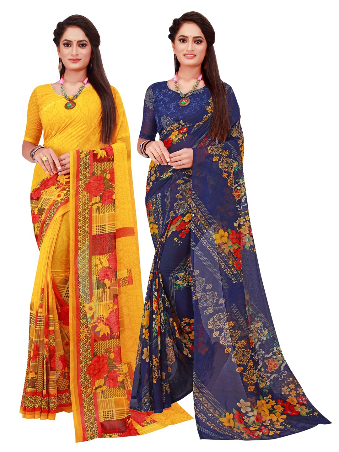 

SAADHVI Set Of 2 Yellow & Navy Blue Floral Pure Georgette Saree