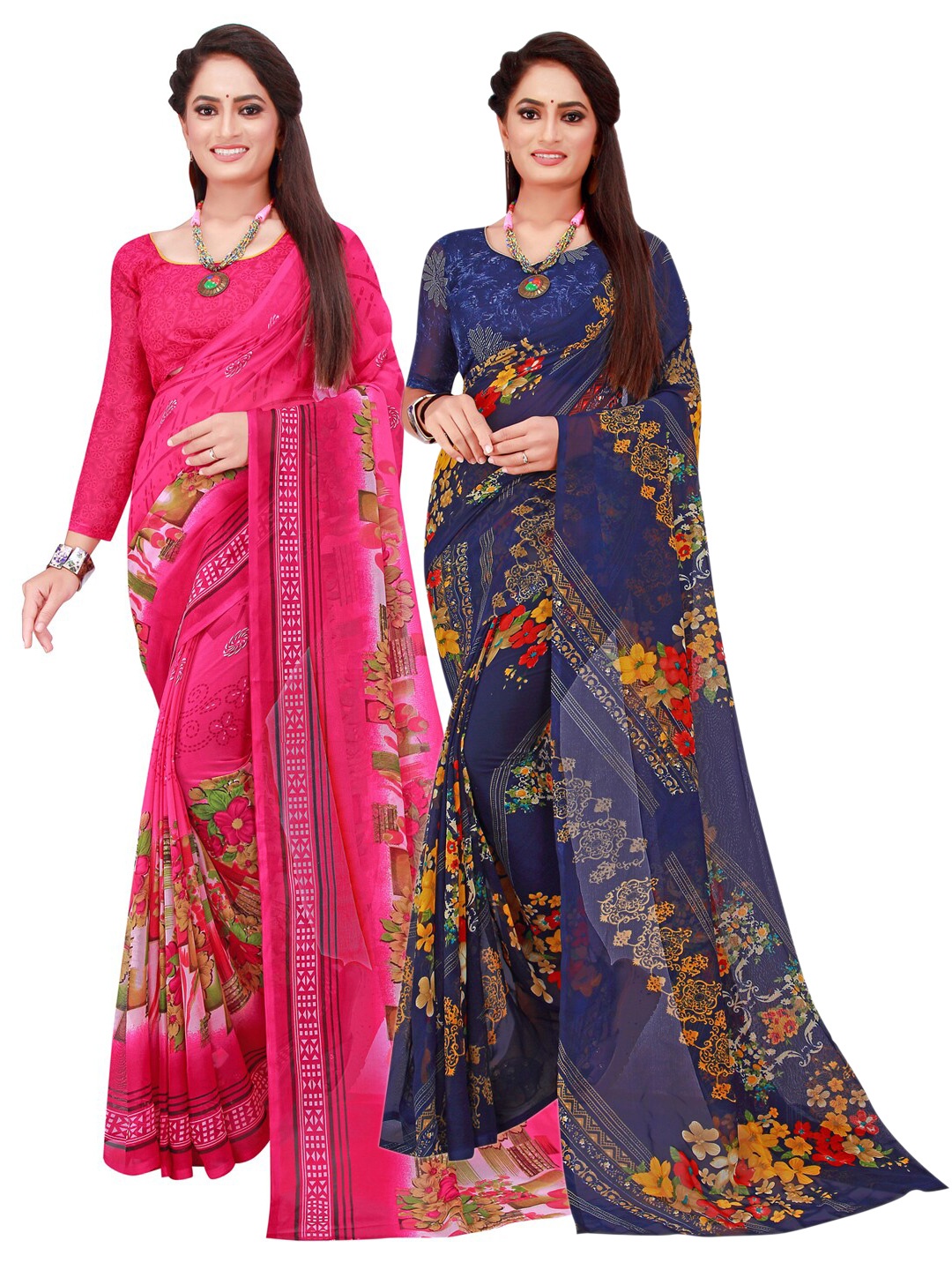 

SAADHVI Set Of 2 Navy Blue & Pink Floral Pure Georgette Saree