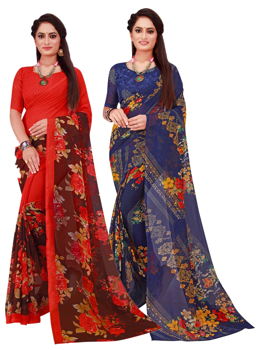 

SAADHVI Pack of 2 Navy Blue & Red Pure Georgette Saree