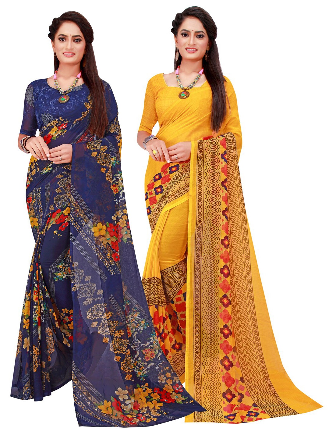 

SAADHVI Set Of 2 Yellow & Navy Blue Floral Pure Georgette Saree